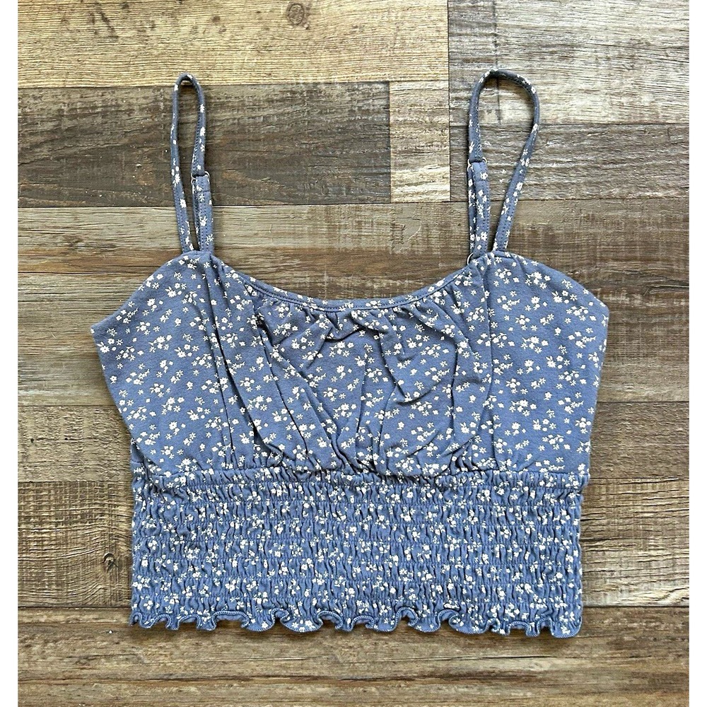 Hollister Blue White Floral Smocked Cropped Cami Tank Top Scoop Neck M